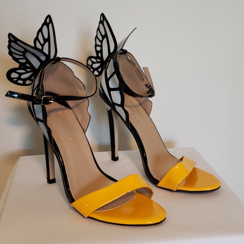 Black and Yellow Butterfly Ankle Strap Heels